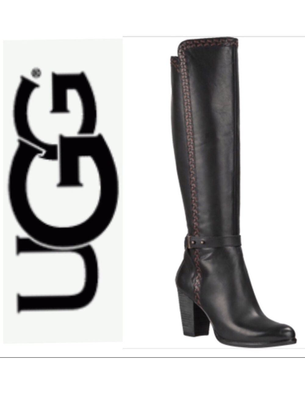 UGG Black Leather Claudine Knee-High Heeled Boots 7.5 - Picture 2 of 11